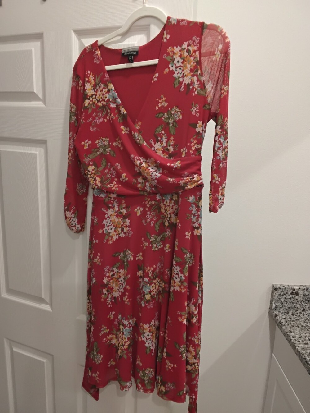 Women’s Red Floral Wrap Midi Dress with Three-Quarter Sleeves